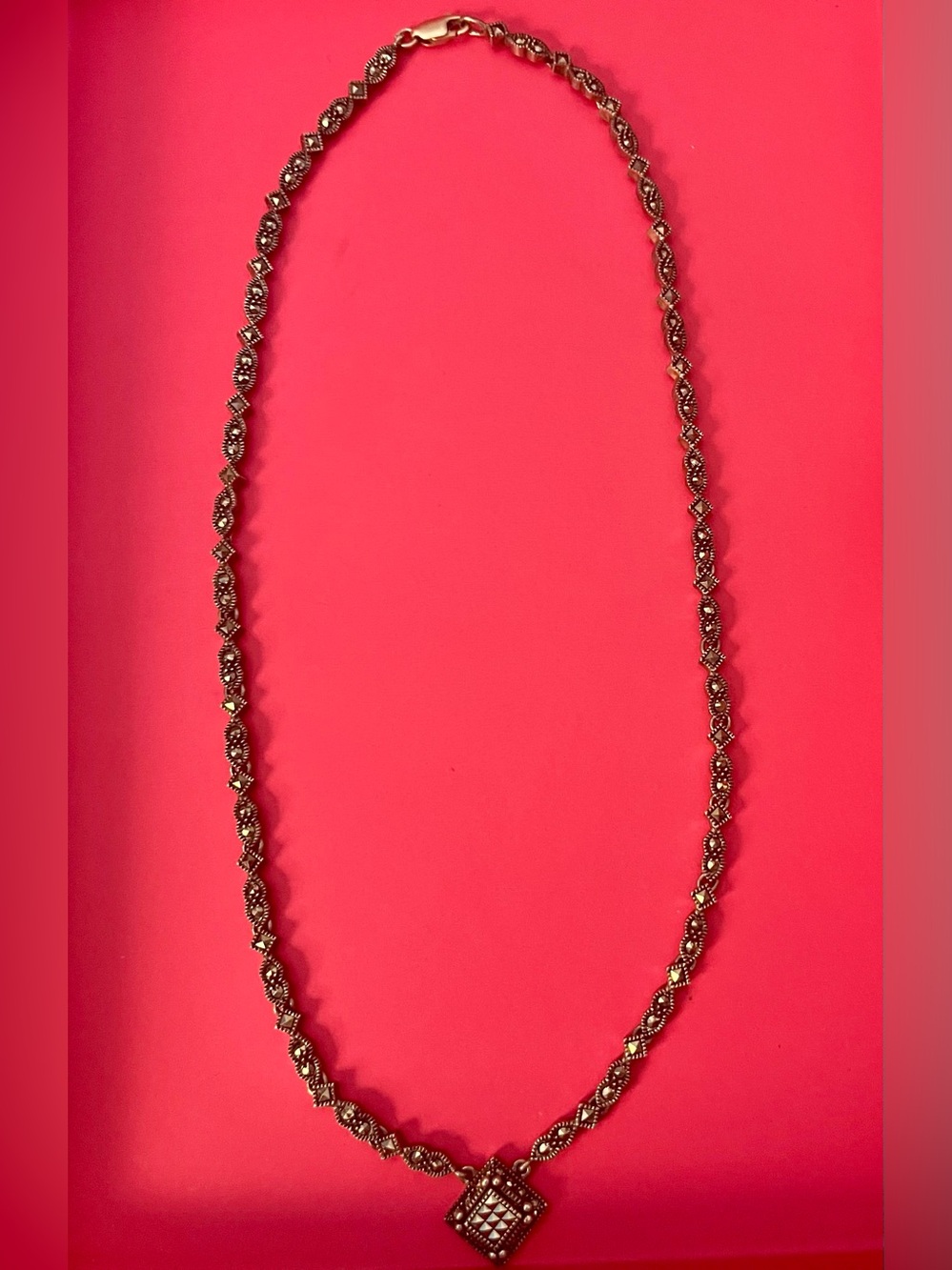 🌺 Vintage Sterling Silver Marcasite Art Deco Style Necklace | Geometric Pendant
